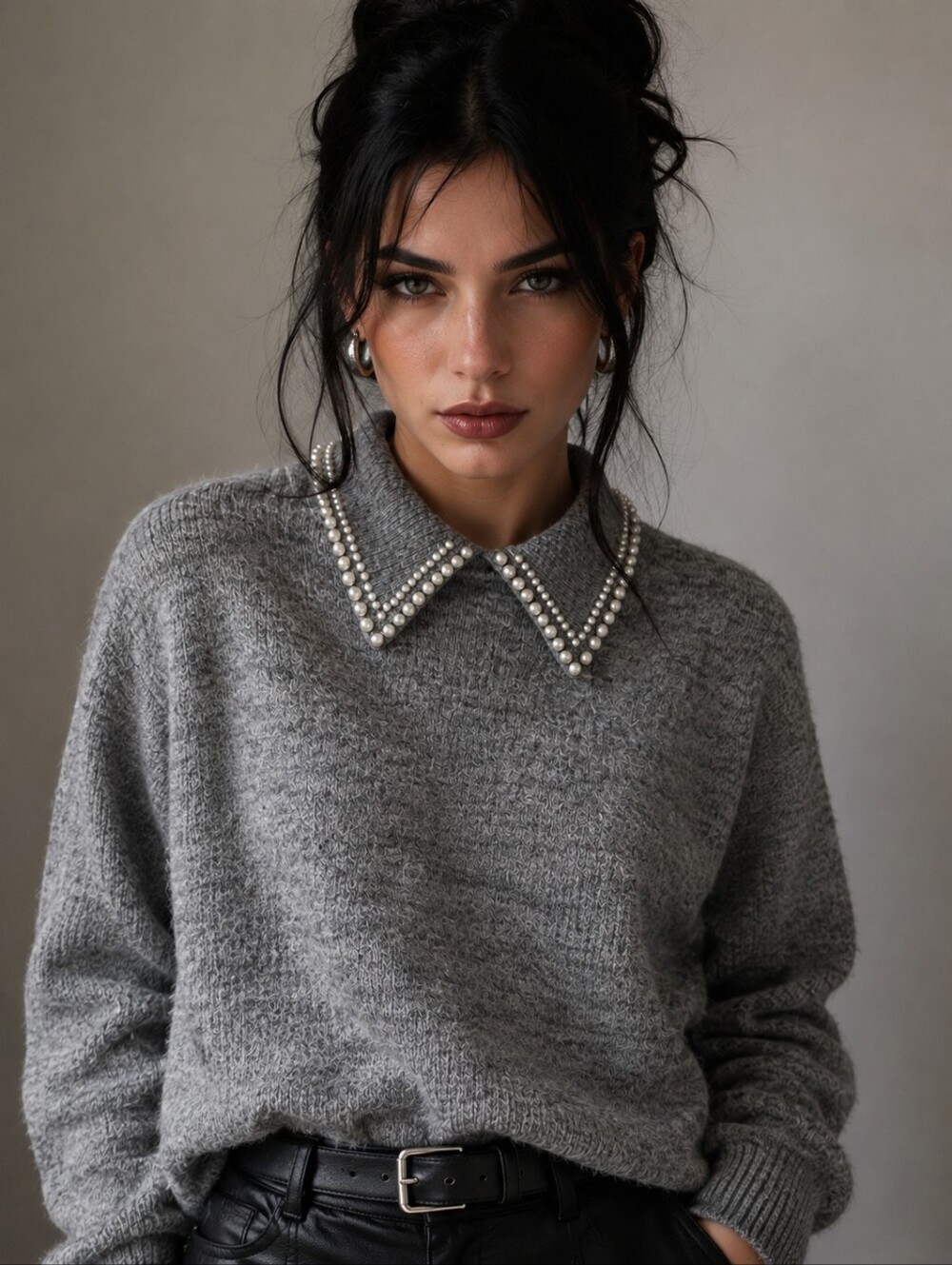 H&M Pearl Collar Knit Sweater Gray Women's Medium